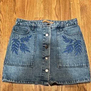 Rebecca Minkoff Denim Skirt with Embroidered Leaf Design